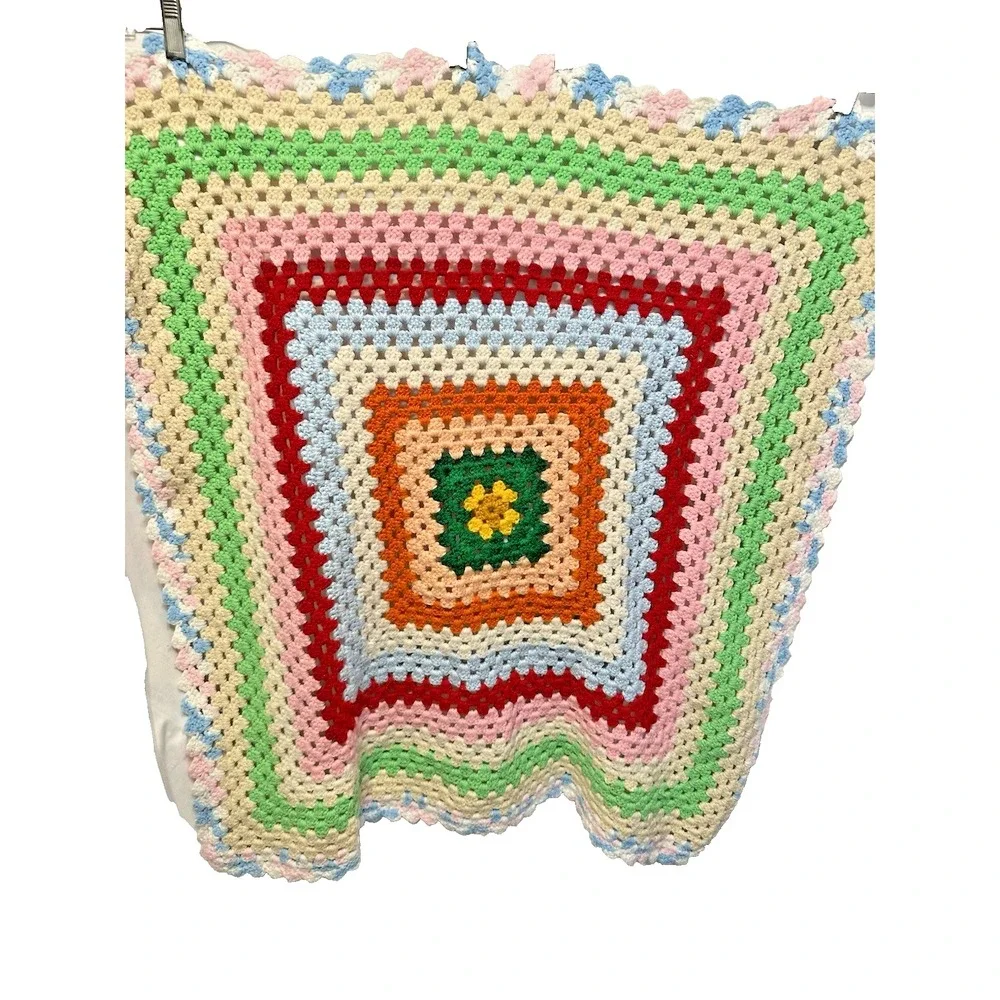 Shabby Cottage Chic Hand Crocheted Blanket Afghan Multicolor 34